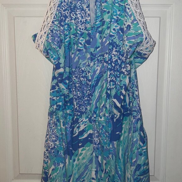 Lilly Pulitzer Lala Lace Trimmed Halter Romper in Hey Hey Soleil Blue Size Large - Picture 5 of 5